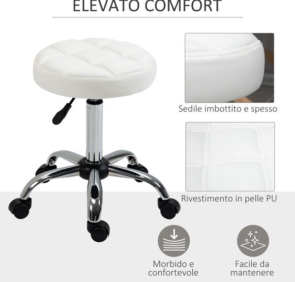 HOMCOM Sgabello Girevole Rotondo con Ruote, Altezza Regolabile e Rivestimento in Finta Pelle, Bianco|Aosom