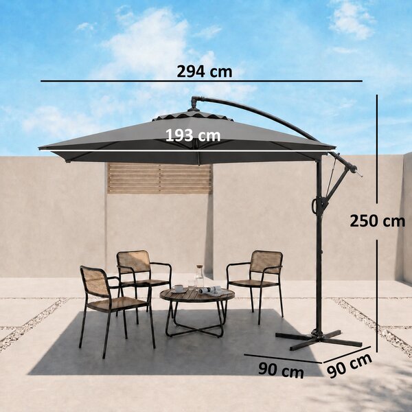Outsunny Ombrellone da Giardino Decentrato con Base a Croce e Apertura a Manovella, 294x193cm, Grigio|Aosom