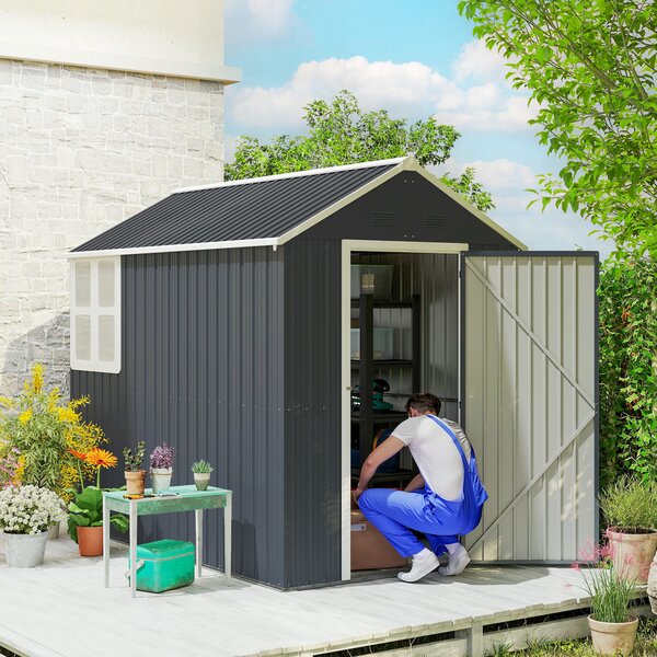 Outsunny Casetta con Finestra e Tetto inclinato, Porta a doppia Attrezzi in Acciaio Zincato e PP, 259x172x222 cm, Grigia e Bianca | Aosom Italy