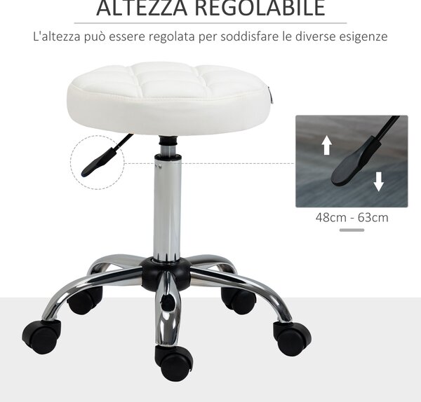 HOMCOM Sgabello Girevole Rotondo con Ruote, Altezza Regolabile e Rivestimento in Finta Pelle, Bianco|Aosom