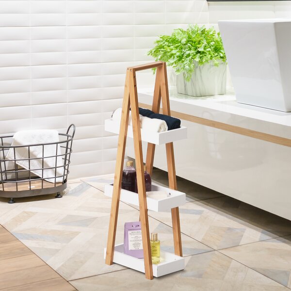Kleankin Scaffale Bagno 3 Ripiani in MDF e Bambù naturale, Struttura piramidale, 30x18x81cm, Colore Legno e Grigio|Aosom Italy