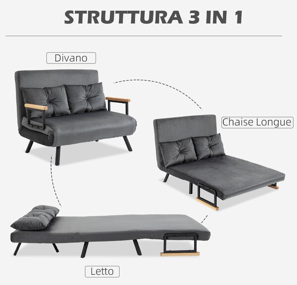 HOMCOM Divano Letto 3 in 1 in Tessuto Effetto Velluto con Schienale Regolabile e 2 Cuscini, 102x73x81 cm, Grigio Scuro