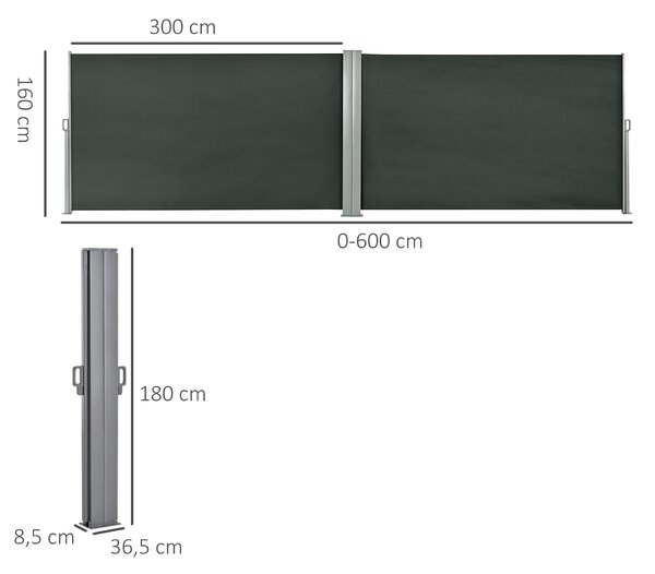 Outsunny Tenda Laterale Retrattile con Maniglia, Frangivista Balcone in Metallo e Poliestere 180 g/m², Anti UV, per Privacy da Esterno, per Balcone Giardino, 600x180 cm, Grigio | Aosom Italy
