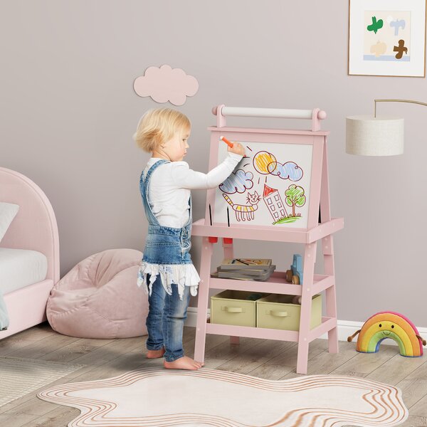 AIYAPLAY Lavagna per Bambini con Cavalletto 3 in 1, Rotolo di Carta e 2 Contenitori, in Legno, 59x48x118 cm, Rosa | Aosom Italy