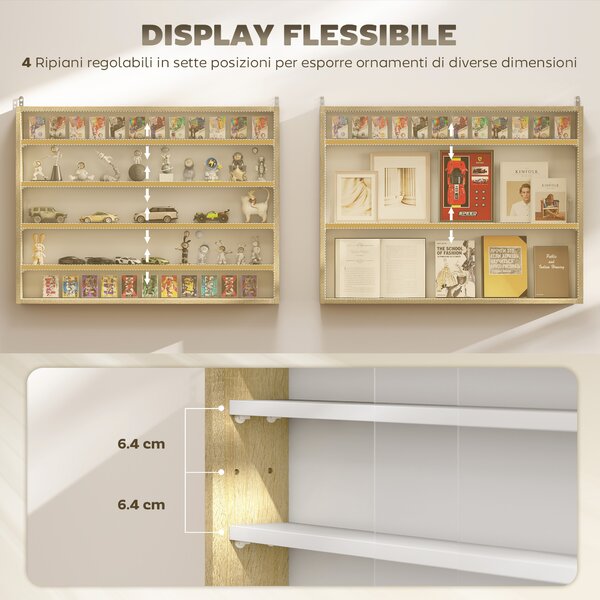 HOMCOM Bacheca Portaoggetti a 4 Ripiani Regolabili in Legno con Ante in Vetro, 80x9.5x60 cm, Bianco e color Legno | Aosom Italy