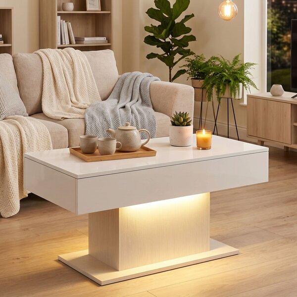 HOMCOM Tavolino Moderno LED con Spazio Contenitivo, Finitura Lucida, 2 Cassetti e Telecomando, Bianco | Aosom Italy