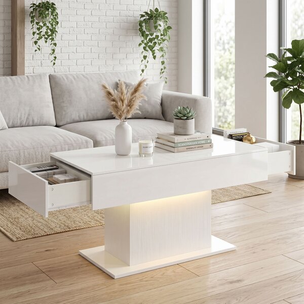 HOMCOM Tavolino Moderno LED con Spazio Contenitivo, Finitura Lucida, 2 Cassetti e Telecomando, Bianco | Aosom Italy