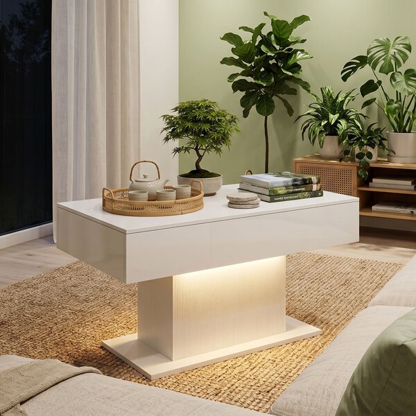 HOMCOM Tavolino Moderno LED con Spazio Contenitivo, Finitura Lucida, 2 Cassetti e Telecomando, Bianco | Aosom Italy