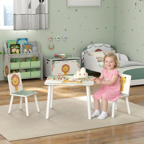 AIYAPLAY Set Arredo Cameretta con Tavolo e 2 Sedie per Bambini da 3-8 Anni con Fantasia con Animali, Verde | Aosom Italy