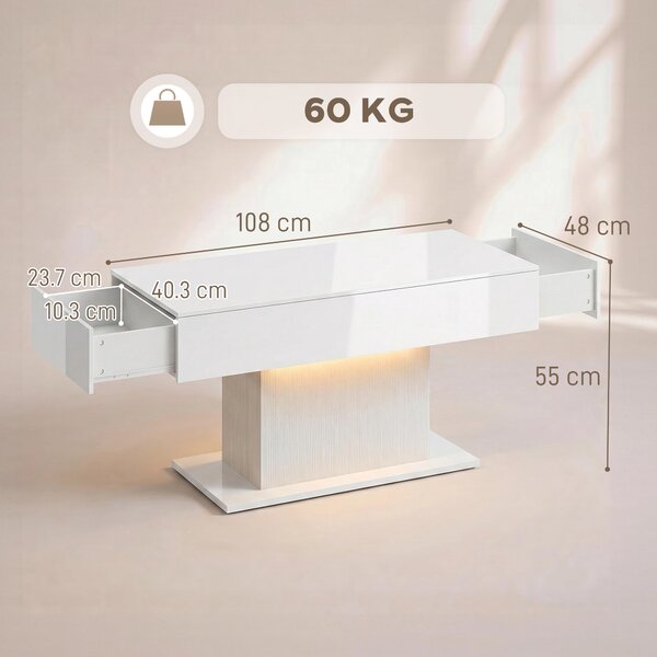 HOMCOM Tavolino Moderno LED con Spazio Contenitivo, Finitura Lucida, 2 Cassetti e Telecomando, Bianco | Aosom Italy