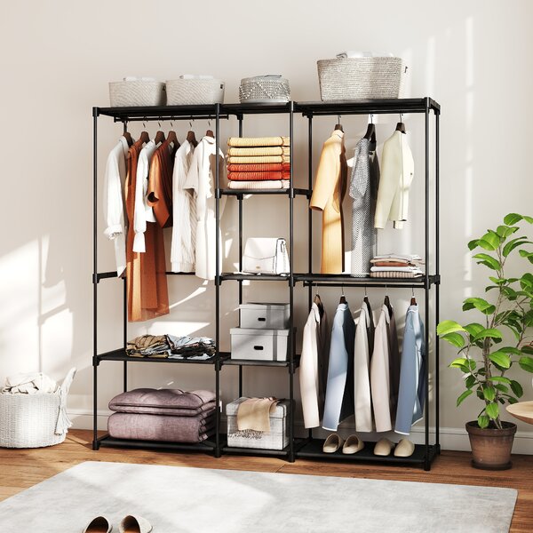 HOMCOM Armadio Guardaroba in Tessuto con 8 Ripiani e 3 Aste per Appendere, 182x43x185 cm, Nero | Aosom Italy