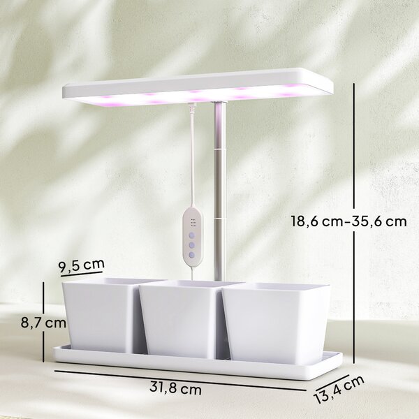Outsunny Lampade per Pianta da 30 Luci LED con 3 Vasi, Timer e Illuminazione Regolabile, 31.8x13.4x18.6-35.6 cm, Bianco | Aosom Italy