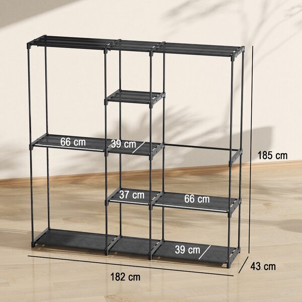 HOMCOM Armadio Guardaroba in Tessuto con 8 Ripiani e 3 Aste per Appendere, 182x43x185 cm, Nero | Aosom Italy