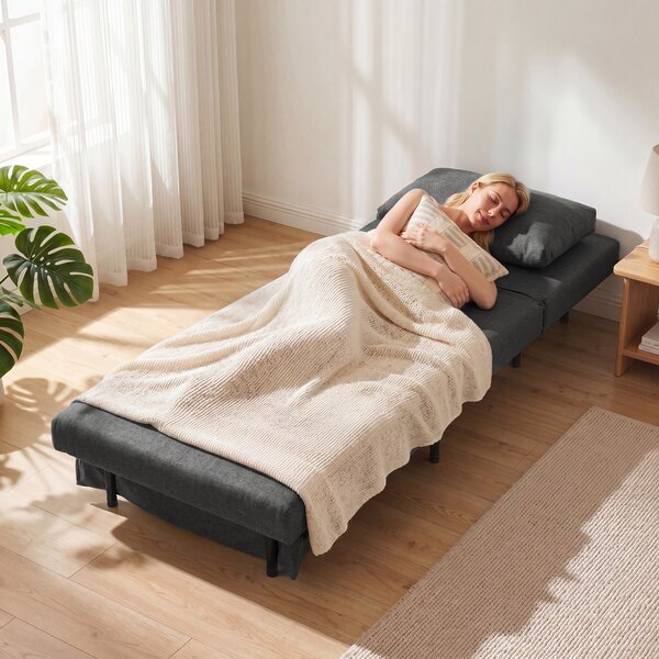 HOMCOM Poltrona Letto 3-in-1 Pieghevole Effetto Lino con Schienale Regolabile, Molle a S e Gambe in Metallo, Grigio Scuro | Aosom Italy