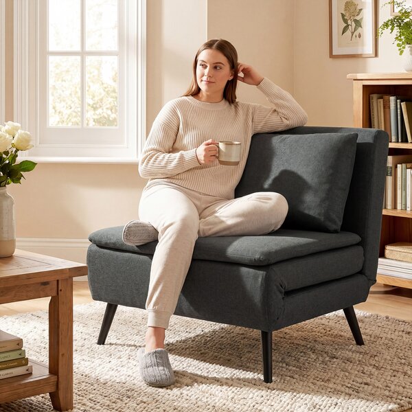 HOMCOM Poltrona Letto 3-in-1 Pieghevole Effetto Lino con Schienale Regolabile, Molle a S e Gambe in Metallo, Grigio Scuro | Aosom Italy
