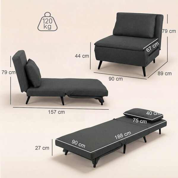 HOMCOM Poltrona Letto 3-in-1 Pieghevole Effetto Lino con Schienale Regolabile, Molle a S e Gambe in Metallo, Grigio Scuro | Aosom Italy