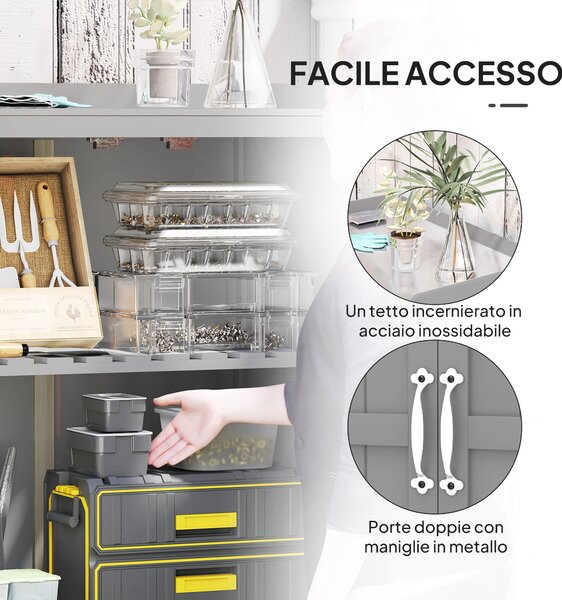 Outsunny Armadietto da Esterno, Capanno Porta Attrezzi con Mensola, in Legno con 2 Ante per Giardino, Patio, Grigio | Aosom Italy