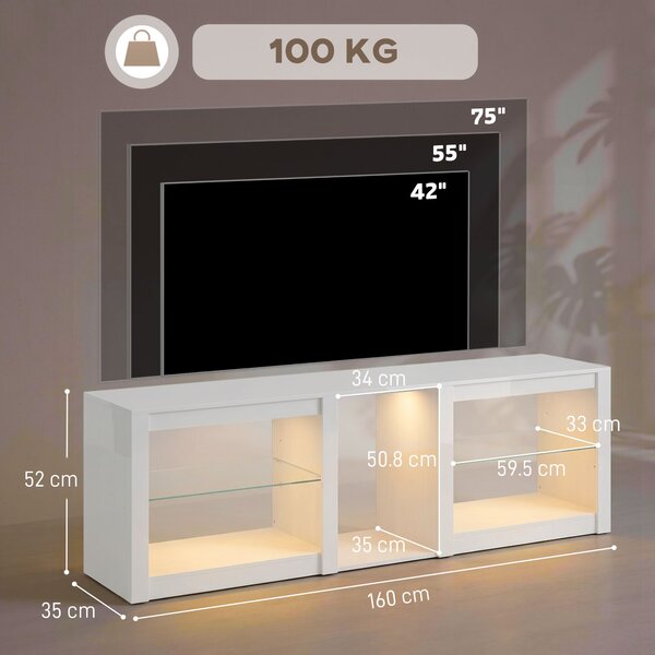 HOMCOM Mobile TV Moderno con Illuminazione RGB-LED e Ripiani in Vetro Regolabili, per TV fino a 75 Pollici, Bianco | Aosom Italy
