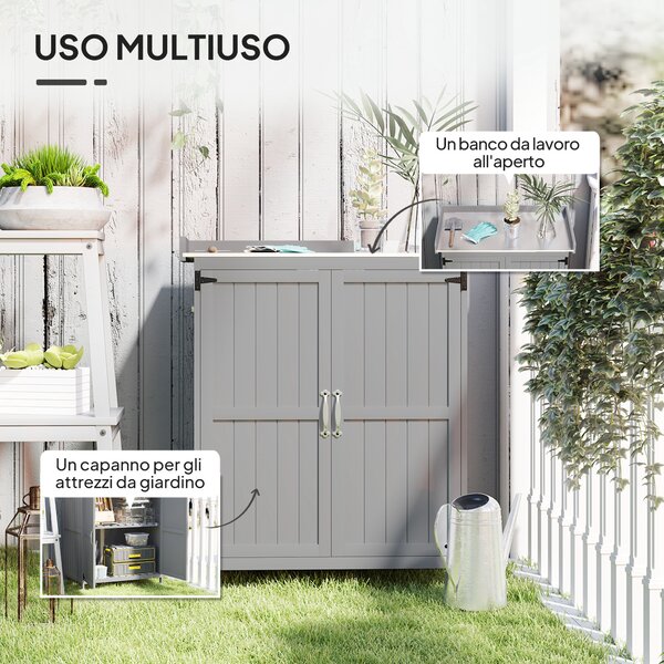 Outsunny Armadietto da Esterno, Capanno Porta Attrezzi con Mensola, in Legno con 2 Ante per Giardino, Patio, Grigio | Aosom Italy