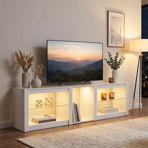 HOMCOM Mobile TV Moderno con Illuminazione RGB-LED e Ripiani in Vetro Regolabili, per TV fino a 75 Pollici, Bianco | Aosom Italy
