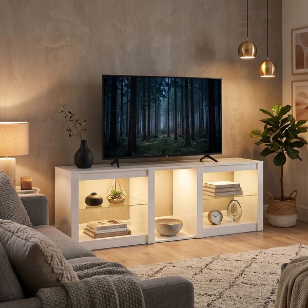 HOMCOM Mobile TV Moderno con Illuminazione RGB-LED e Ripiani in Vetro Regolabili, per TV fino a 75 Pollici, Bianco | Aosom Italy