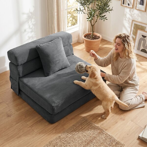 HOMCOM 2-in-1 Poltrona Letto Pieghevole con Effetto Velluto a Coste e Cuscino Lombare, 100x76x62 cm, Grigio Scuro | Aosom Italy