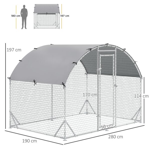 PawHut Recinto per Galline in Metallo Galvanizzato con Tetto e Copertura Anti UV, 280x190x195 cm, Argento | Aosom Italy