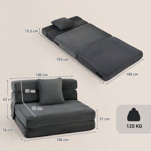 HOMCOM 2-in-1 Poltrona Letto Pieghevole con Effetto Velluto a Coste e Cuscino Lombare, 100x76x62 cm, Grigio Scuro | Aosom Italy