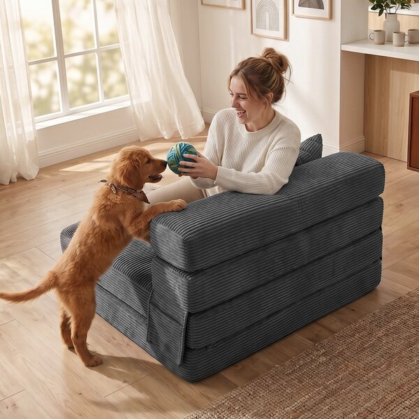 HOMCOM 2-in-1 Poltrona Letto Pieghevole con Effetto Velluto a Coste e Cuscino Lombare, 100x76x62 cm, Grigio Scuro | Aosom Italy