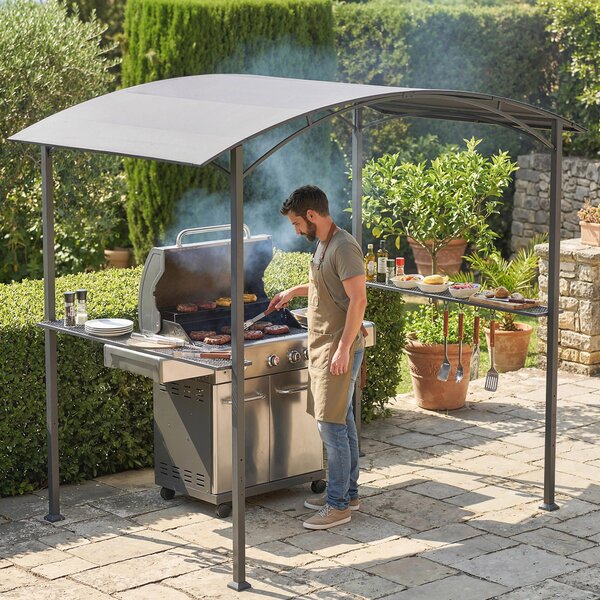 Outsunny Gazebo per Barbecue con 2 Mensole Laterali e Ganci, Acciaio e Poliestere, 2.4 x 1.5 m, Grigio Scuro | Aosom Italy