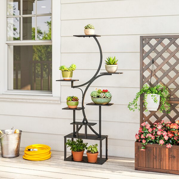 Outsunny Portapiante a 8 Livelli con Design a S per Interni ed Esterni, in Metallo, 74x26x158.5 cm, Nero | Aosom Italy