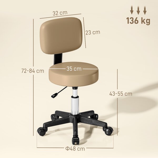HOMCOM Sgabello Regolabile con Schienale 72-84 cm, 360° Girevole, per Ufficio e Salone, Marrone Chiaro | Aosom Italy