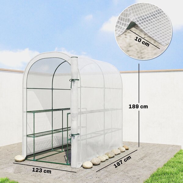 Outsunny Serra da Giardino con Scaffali a 2 Livelli e Porta Avvolgibile, in Acciaio e PE, 123x187x189 cm, Bianco | Aosom Italy