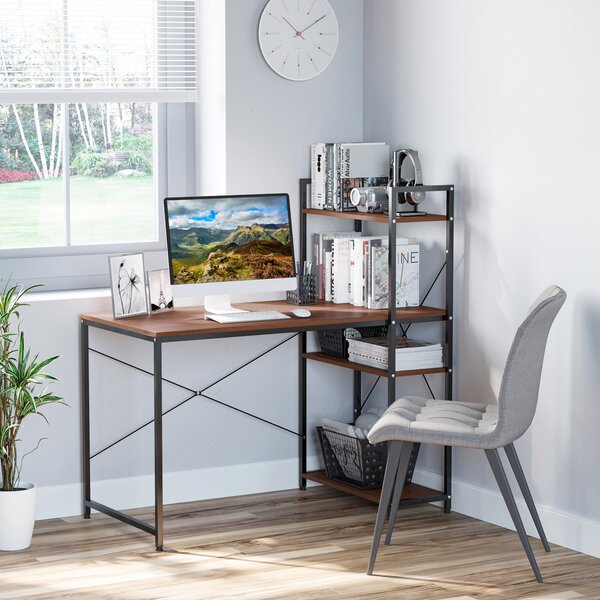 HOMCOM Scrivania Angolare Design Industriale con Contenitore, Libreria, 3 Ripiani e Pannelli Truciolari, Effetto Noce, in Metallo, Nero | Aosom Italy
