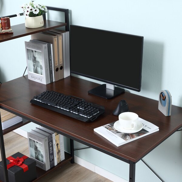 HOMCOM Scrivania Angolare Design Industriale con Contenitore, Libreria, 3 Ripiani e Pannelli Truciolari, Effetto Noce, in Metallo, Nero | Aosom Italy