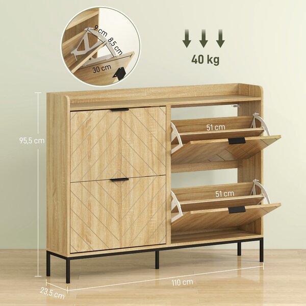 HOMCOM Mobile Portascarpe per 16 Paia con 4 Cassetti, Ante Ribaltabili e Ripiani Regolabili, 110x23,5x95,5 cm, Rovere | Aosom Italy
