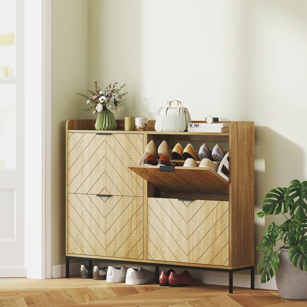HOMCOM Mobile Portascarpe per 16 Paia con 4 Cassetti, Ante Ribaltabili e Ripiani Regolabili, 110x23,5x95,5 cm, Rovere | Aosom Italy