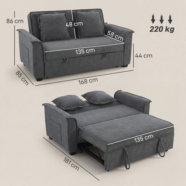 HOMCOM Divano Letto a 2 Posti con Schienale Regolabile e 2 Cuscini, 168x85x86 cm, Grigio Scuro | Aosom Italy