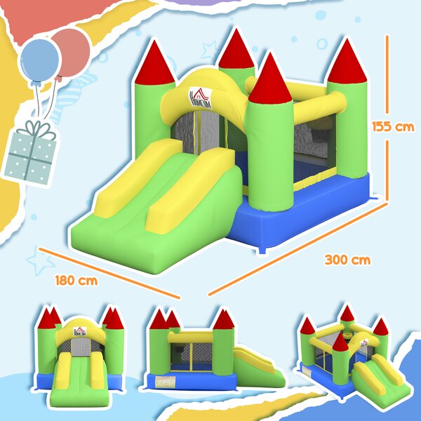 HOMCOM Castello Gonfiabile con Scivolo e Rete di Sicurezza, fino a 100 kg per Bambini 3-10 anni, 300x180x160 cm, Multicolore | Aosom Italy