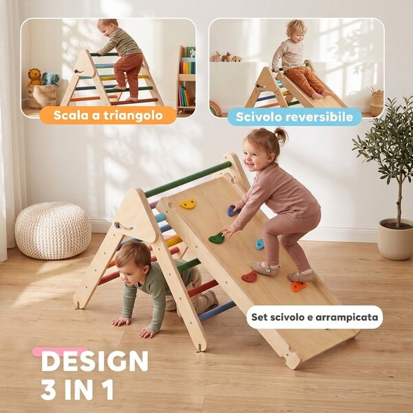 AIYAPLAY Gioco da Arrampicata con Triangolo e Pannello Scivolo ed Arrampicata, per Bambini 18-48 Mesi, Multicolore | Aosom Italy