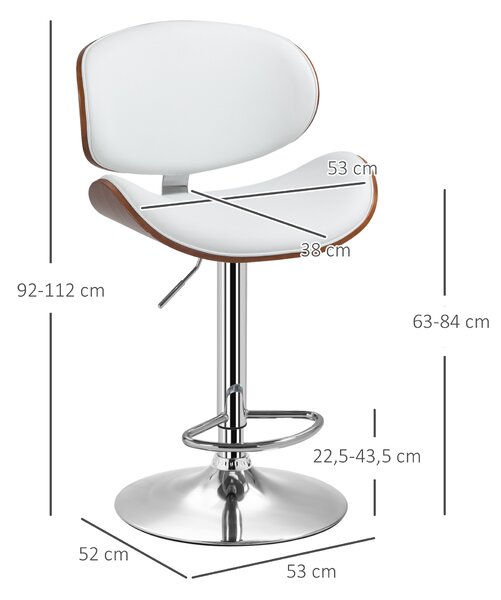 HOMCOM Set da 2 Sgabelli da Bar Altezza Regolabile, 53x52x112 cm, Bianco | Aosom Italy