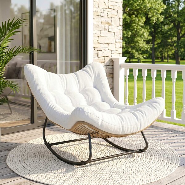 Outsunny Poltrona a Dondolo da Giardino con Cuscino Imbottito, Sedia a forma d'uovo in resina intrecciata, 98x111x74 cm, Crema | Aosom Italy