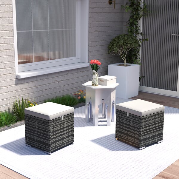 Outsunny Set da 2 Sgabelli da Giardino con Cuscino e Poggiapiedi, Spazio di stoccaggio in rattan PE, 40x40x41 cm, Grigio Chiaro | Aosom Italy