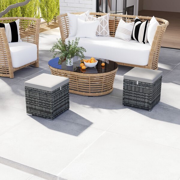 Outsunny Set da 2 Sgabelli da Giardino con Cuscino e Poggiapiedi, Spazio di stoccaggio in rattan PE, 40x40x41 cm, Grigio Chiaro | Aosom Italy