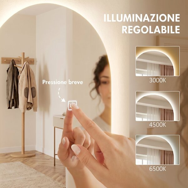 HOMCOM Specchio da Parete ad Arco con Illuminazione LED Regolabile e Controllo Touch, in Vetro Temperato, 40x3x120 cm