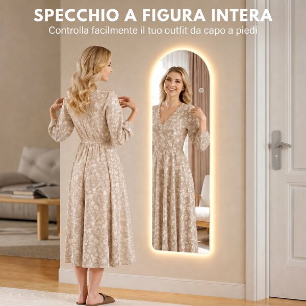 HOMCOM Specchio da Parete ad Arco con Illuminazione LED Regolabile e Controllo Touch, in Vetro Temperato, 40x3x120 cm