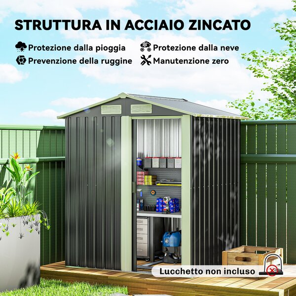 Outsunny Casetta da Giardino con Tetto Inclinato e 4 Prese d'Aria, Capanno porta Attrezzi in Acciaio, 152 x 132 x 188 cm, Grigio | Aosom Italy