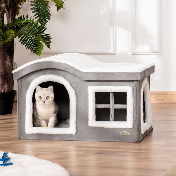 Pawhut Casetta per Gatti da Interno con 2 Entrate e Finestra, Cuscino e Base Antiscivolo, 63.5x37x40cm, Grigio | Aosom Italy