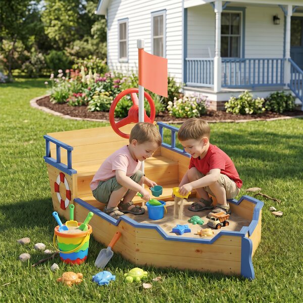 Outsunny Sabbiera per Bambini in Legno a Forma di Nave dei Pirati con Vano Contenitore, Gioco da Giardino 158x78x45.5cm|Aosom