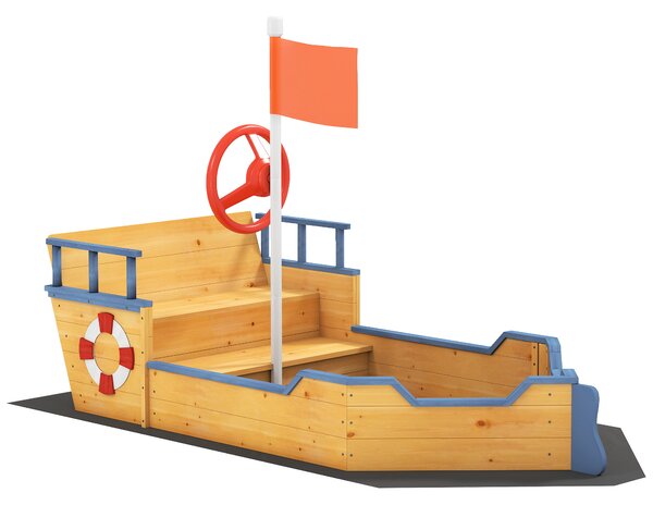 Outsunny Sabbiera per Bambini in Legno a Forma di Nave dei Pirati con Vano Contenitore, Gioco da Giardino 158x78x45.5cm|Aosom